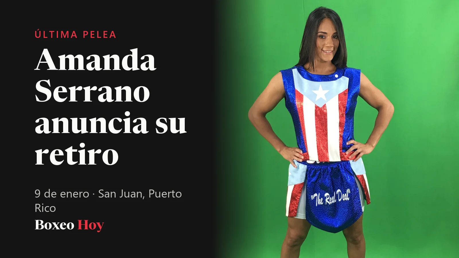 Amanda Serrano con un uniforme con la bandera de Puerto Rico, con las manos en la cintura