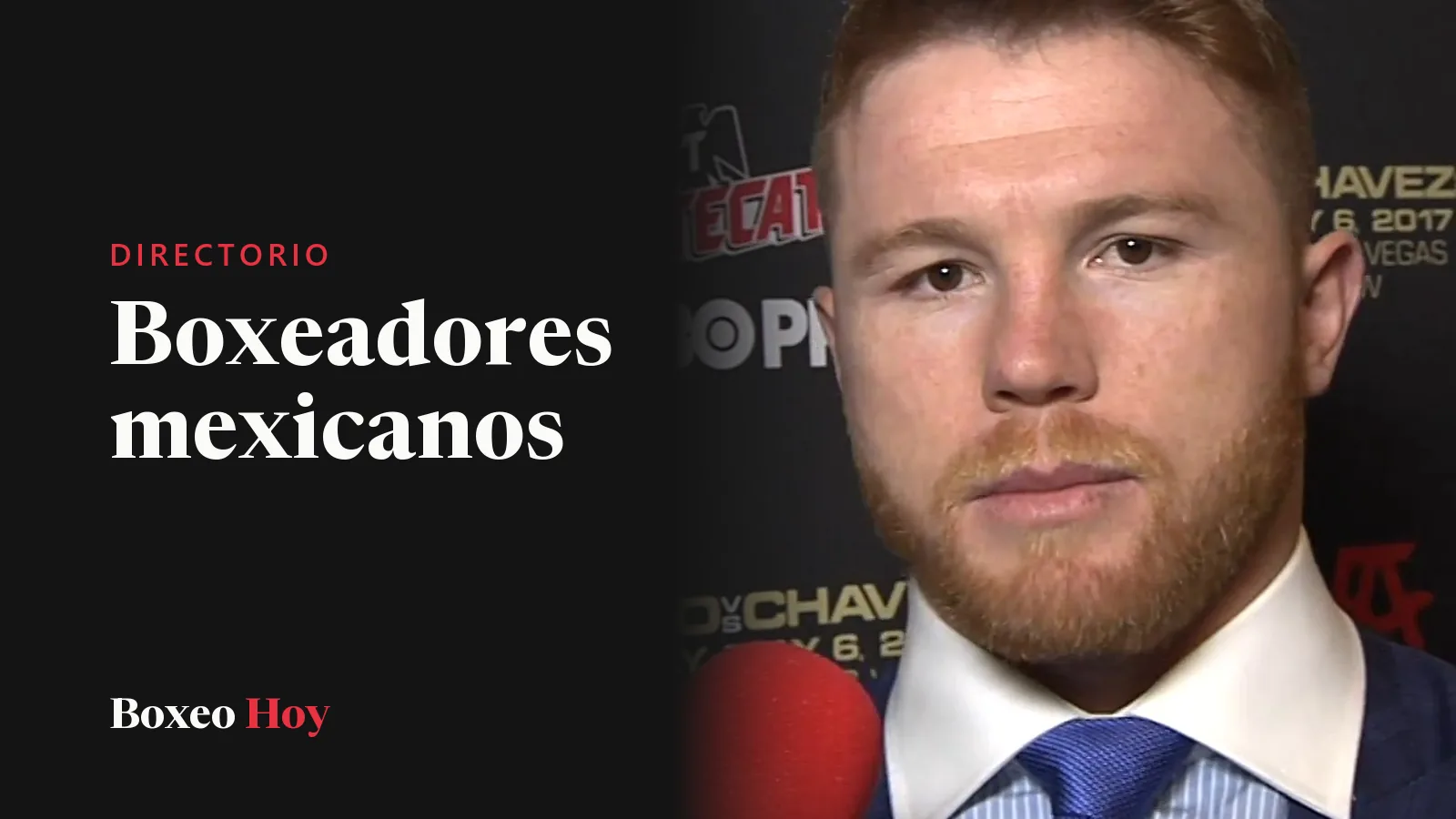 Saúl «Canelo» Álvarez, de barba, traje azul y corbata azul, frente a un micrófono rojo y un panel de prensa de su pelea de mayo de 2017 en Las Vegas