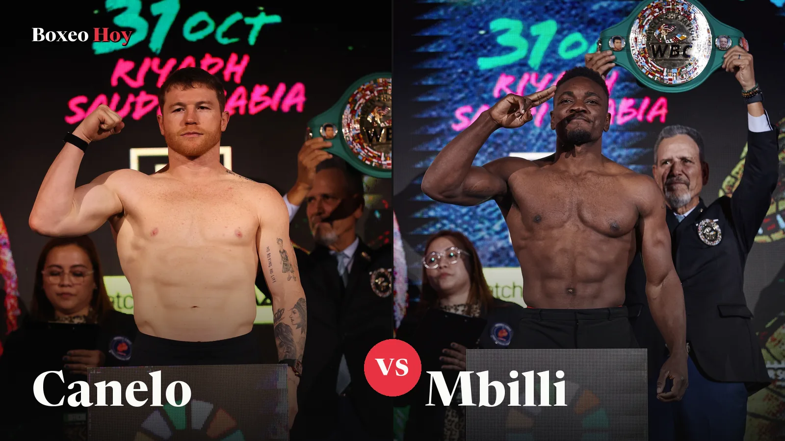 Canelo Álvarez y Christian Mbilli en la báscula del pesaje oficial en Riad, con el cinturón del CMB detrás