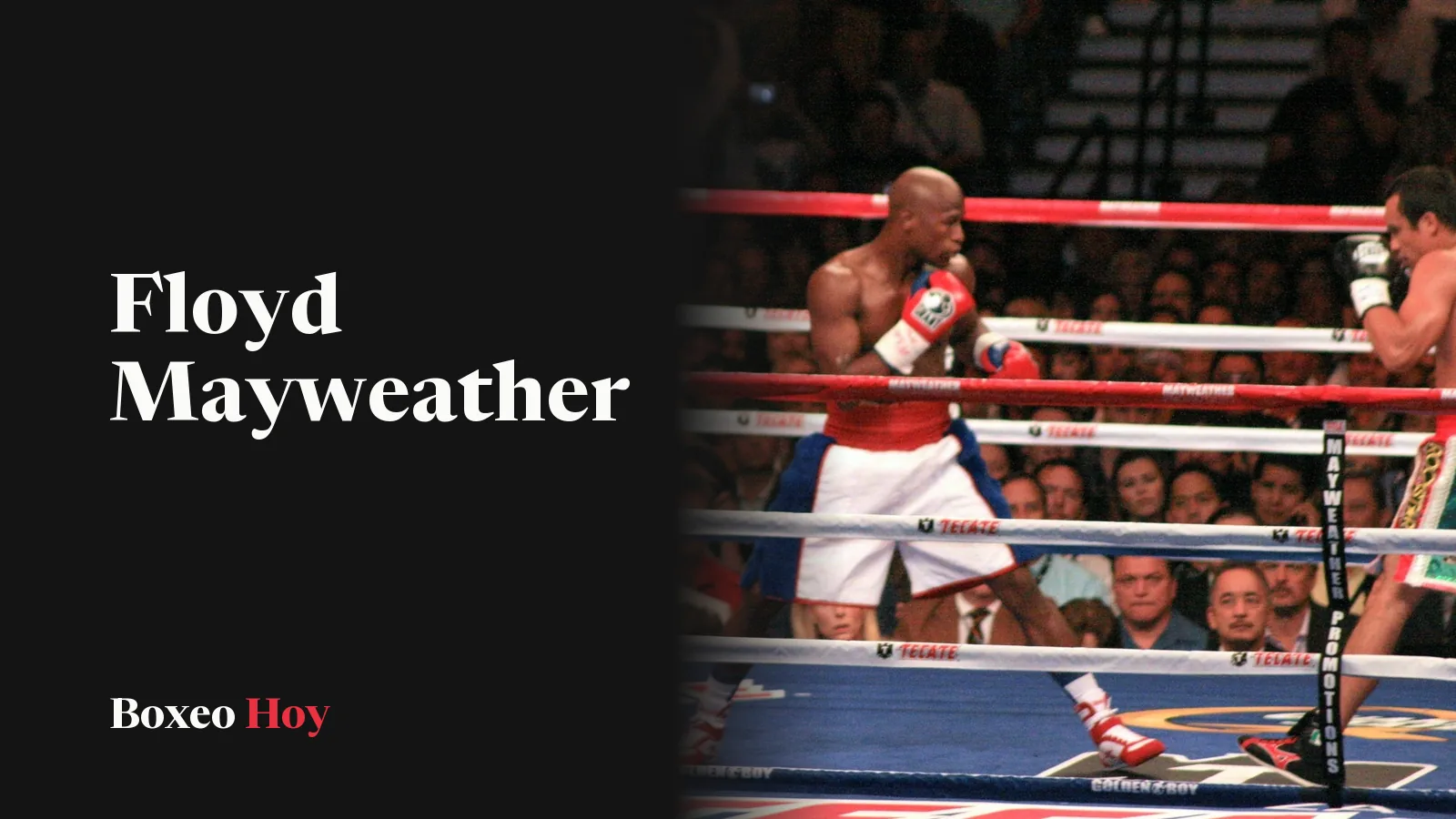 Floyd Mayweather Jr., con short blanco y guantes rojos, en guardia frente a Juan Manuel Márquez en el ring del MGM Grand de Las Vegas, en 2009