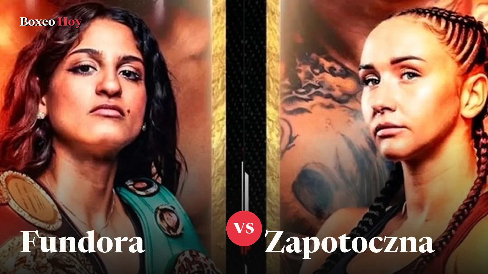 Gabriela Fundora con sus cinturones de campeona y Jasmina Zapotoczna con los brazos cruzados, en el cartel oficial de la pelea