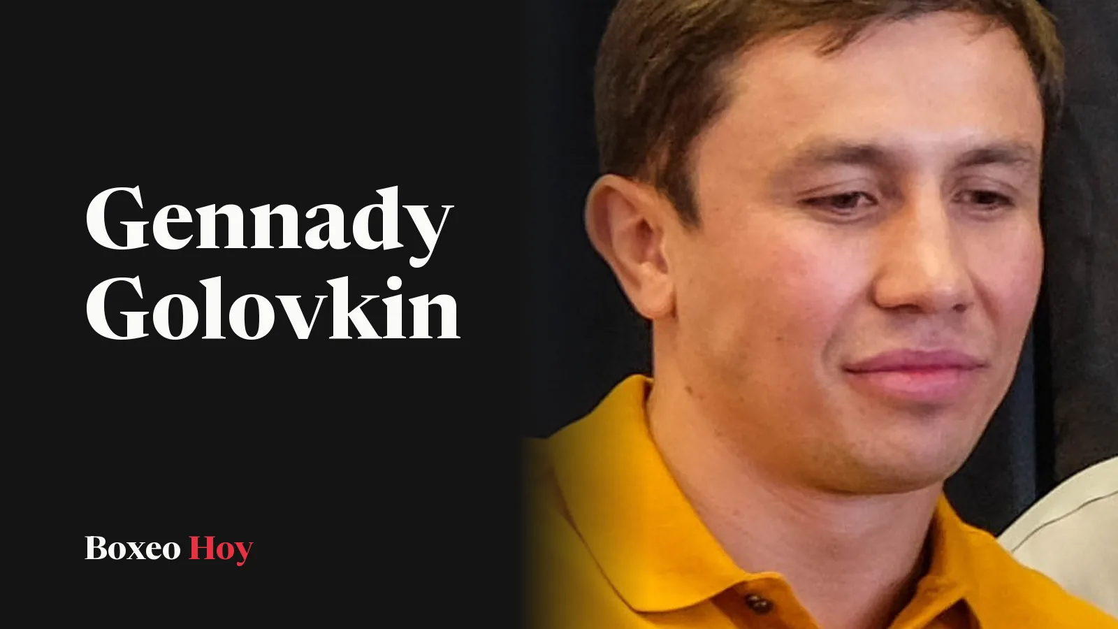 Gennady Golovkin, con playera tipo polo amarilla, en la sesión de fotos de la conferencia de prensa de su pelea con David Lemieux en 2015