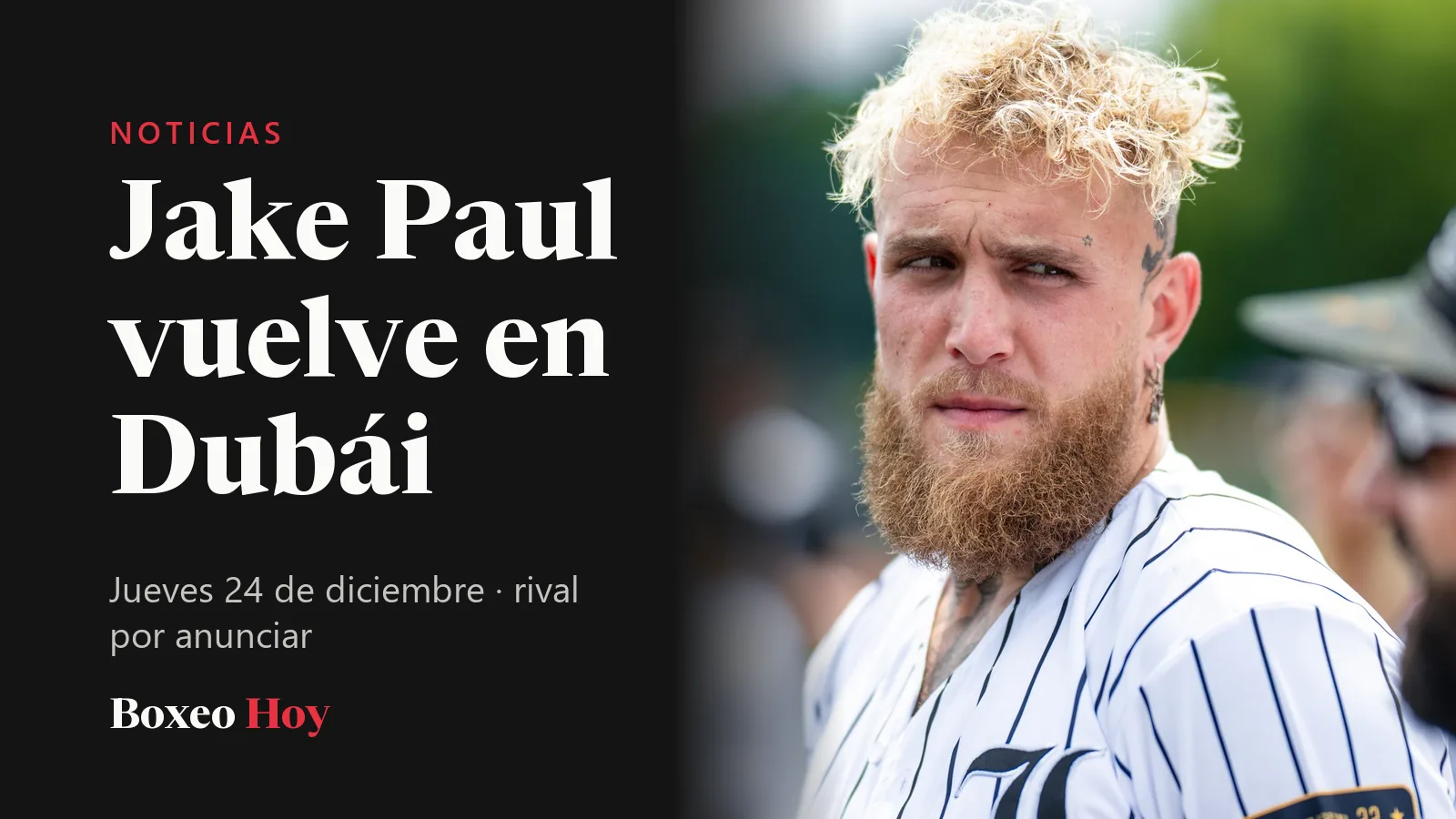 Jake Paul con barba y camisola de beisbol a rayas, mirando de lado