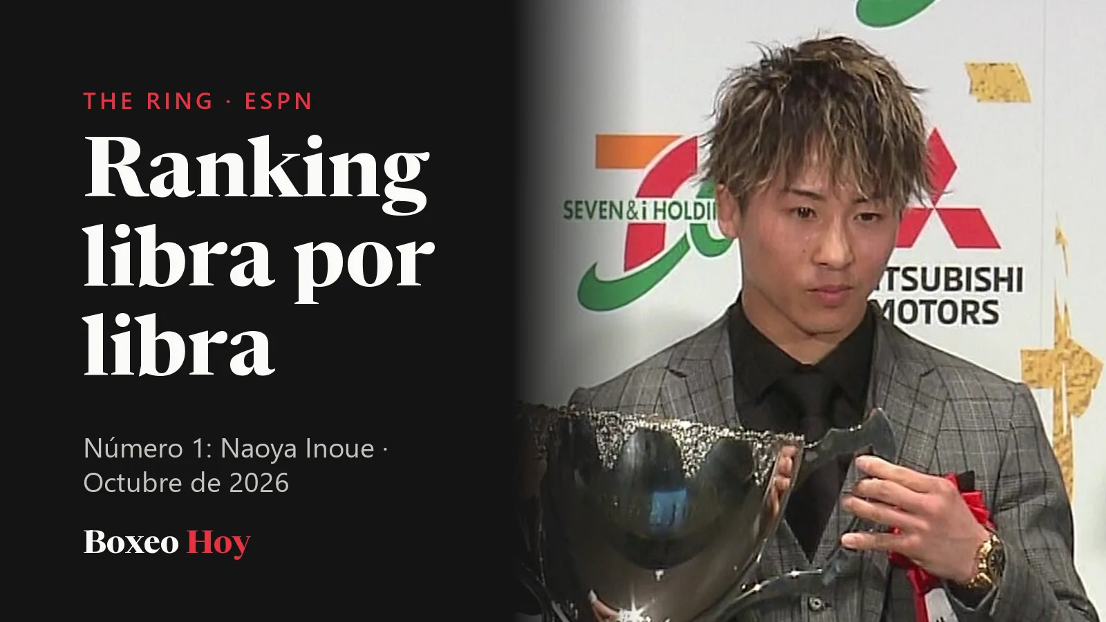 Naoya Inoue, número 1 del ranking libra por libra, con traje gris a cuadros y un trofeo en una premiación en Tokio