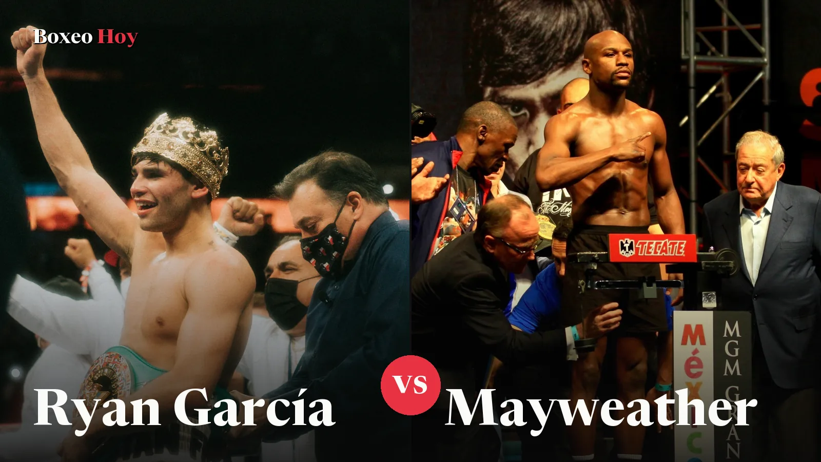 Ryan García con corona y cinturón, junto a Floyd Mayweather en una báscula de pesaje