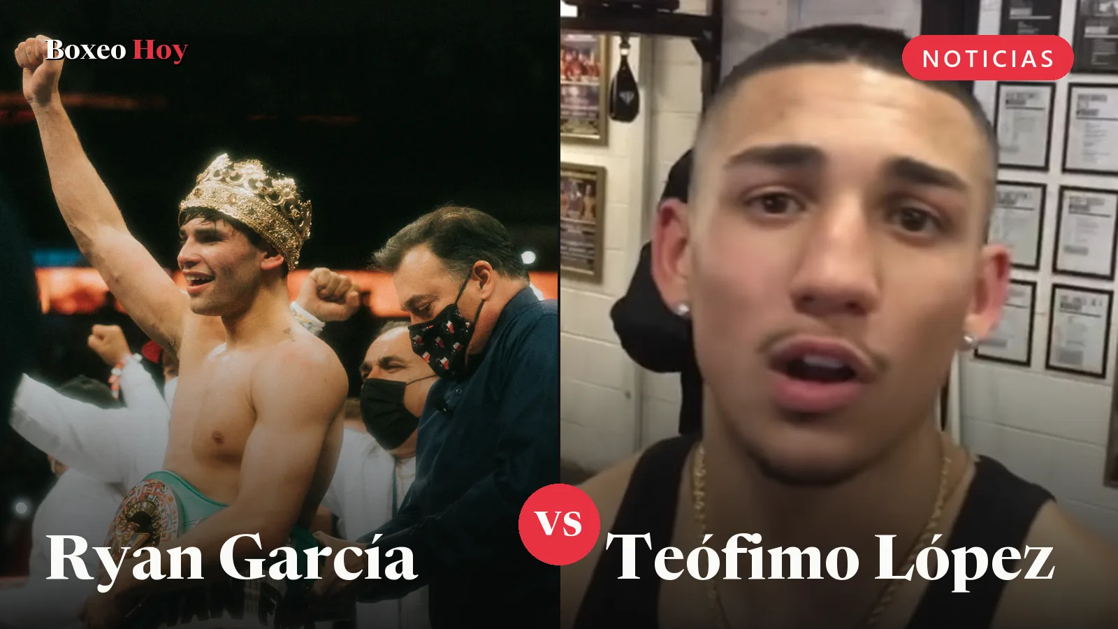Ryan García con una corona y el cinturón del CMB, a la izquierda, y Teófimo López en un gimnasio, a la derecha