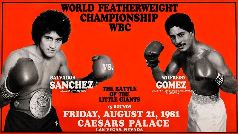 Cartel oficial de Salvador Sánchez vs Wilfredo Gómez, «The Battle of the Little Giants», el 21 de agosto de 1981 en Caesars Palace